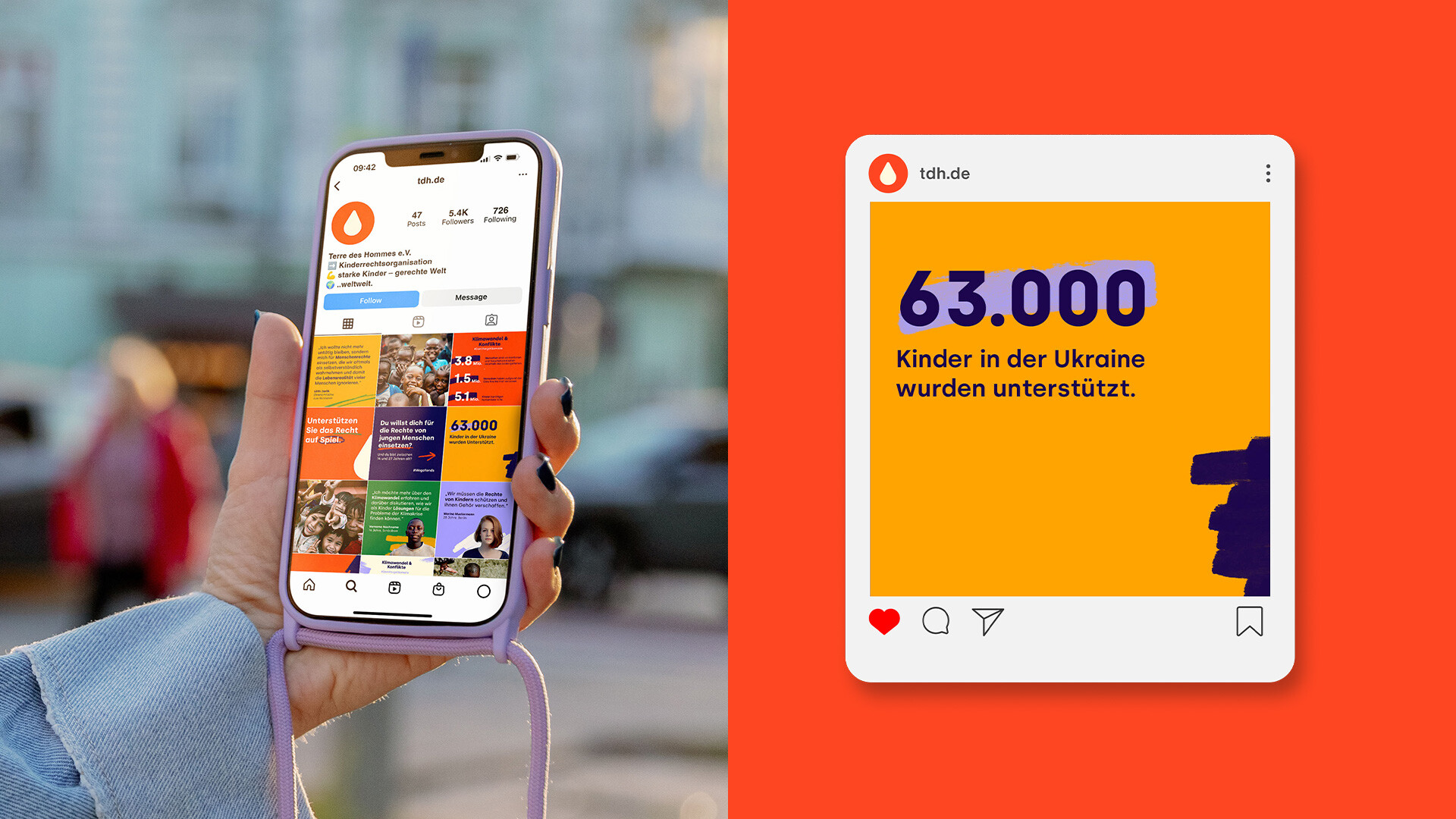Das Bild zeigt eine Hand, die ein Smartphone hält, und einen Instagram-Beitrag mit Text: „63.000 Kinder in der Ukraine wurden unterstützt.“