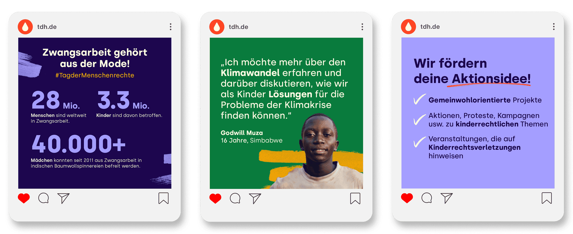 Drei Instagram-Posts zu den Themen: Zwangsarbeit beenden, Klimawandel diskutieren und Förderung von kinderrechtlichen Aktionsideen durch tdh.de.